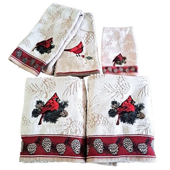Cardinal Bird Bathroom Guest Towel Set W Hand Towels 5 Pc Beige Red Cabin Lodge
